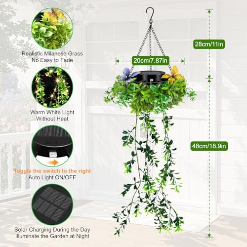Solar Hanging Garden Lights, 4 Pack 66 LED Outdoor Lights with Realistic Milan Grass & White Flowers, IP65 Waterproof Solar Lanterns for Patio, Porch, Fence, Pergola & Backyard Decor, Auto On/Off - Image 2