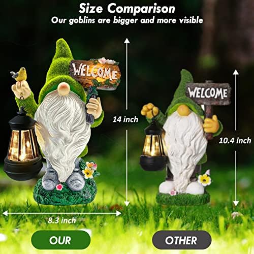 Lovinland Garden Gnome Statue Outdoor Decor Large Flocked Resin Gnome Figurine with Solar Light Holding Lantern Welcome Sign Garden Yard Decorations Dwarf Sculpture for Outside Patio Porch Lawn Decor - Image 2