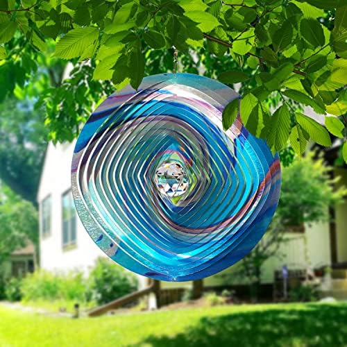 FONMY Mandala Wind Spinner w/Crystal Ball 3D Stainless Steel Hanging Wind Spinner Worth Gift Christmas Decoration Indoor/Outdoor Garden Décor Kinetic Yard Art 12 Inches Multi Blue Wind Sculpture - Image 4