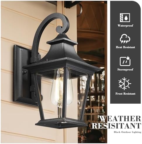 Emliviar Outdoor Porch Light, Modern Outside Wall Light Fixture for House Garage, Clear Glass in Black Finish, 12" Height, XE219B BK - Image 4