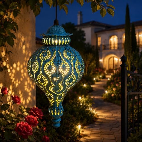 Moroccan Solar Lanterns Outdoor Hanging Garden Decor (2 Pack, Blue) - Image 4
