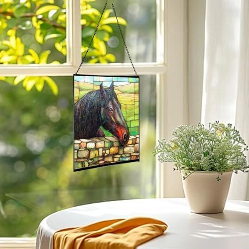 Black Morgan Horse Watching Over Stone Wall Square Suncatcher – Stained Glass Style Window Panel with Pastoral Scene, Custom Decorative Hanging Art for Equestrian Home, Christmas 9GkWE2 - Image 3