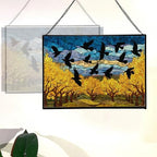 Crows Flying Over Autumn Orchard Rectangular Stained Glass Suncatcher – Hanging Window Panel with Animal & Nature Scene – Vibrant Glass Art Gift for Wildlife, Fantasy, Nature Lovers n5K17Y - Image 3