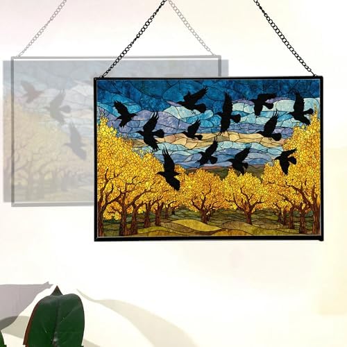 Crows Flying Over Autumn Orchard Rectangular Stained Glass Suncatcher – Hanging Window Panel with Animal & Nature Scene – Vibrant Glass Art Gift for Wildlife, Fantasy, Nature Lovers n5K17Y - Image 3