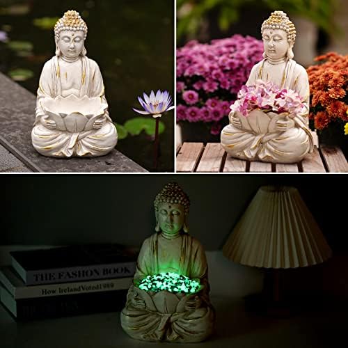 Goodeco Meditating Buddha Statue Sculpture - Outdoor Sitting Sculpture Decoration, Marble Finish with Lotus and Magical Glow in The Dark Pebbles and Glass Stones,Gift idea,White Color (12 inch) - Image 6