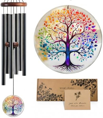 Tree of Life Wind Chimes for Outside, Deep Tone Outdoor Wind Chime with Colorful Wind Catcher, 6 Aluminum Tubes, Garden Porch Patio Decor, Memorial & Birthday Gift by Pvifvi