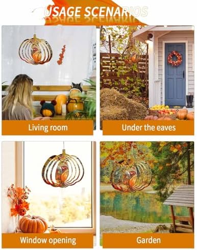 Fall Wind Spinners for Yard and Garden Bird Pumpkin Wind Spinner Sunflower Maple Leaves 3D Metal Stainless Steel Pumpkin Wind Sculptures Chimes Outdoor Patio Thanksgiving Hanging Decor 12 Inch - Image 4