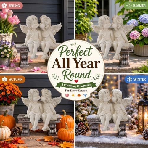 Kissing Angels Garden Statue Outdoor Decor, Cute Vintage Cherub Couple on Bench Resin Sculpture, Weather-Resistant Yard Art for Patio, Lawn, Memorial Garden Gifts for Women (Stone) - Image 7