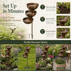 Rain Catcher Bird Bath Tiered, 3-Tier Metal Rain Water Bird Bath Garden Stake, Cascading Water Bowls Attract Hummingbirds, Birds, Butterfly for Yards Lawns Gardens (Copper) - Image 5