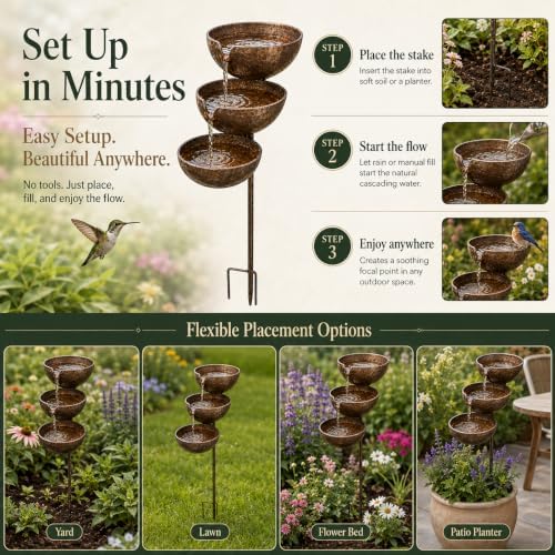 Rain Catcher Bird Bath Tiered, 3-Tier Metal Rain Water Bird Bath Garden Stake, Cascading Water Bowls Attract Hummingbirds, Birds, Butterfly for Yards Lawns Gardens (Copper) - Image 5