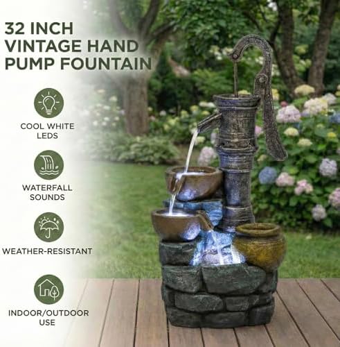 Vintage Hand Pump Water Fountain Outdoor, 32.3" Tall with LED Lights, Natural Stone Look Resin Cascading Water Feature for Patio, Lawn, Backyard & Garden Decor (Vintage Pump Head 32.3" H) - Image 4