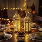 Set of 2 Ramadan Lanterns Eid Decorations 16" 14" LED Large Candle Lantern Vintage Gold Metal Moroccan Lanterns with Lights Ramadan Decor for Table, Wall, Patio, Porch, Indoor Outdoor Home - Image 4