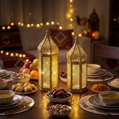 Set of 2 Ramadan Lanterns Eid Decorations 16" 14" LED Large Candle Lantern Vintage Gold Metal Moroccan Lanterns with Lights Ramadan Decor for Table, Wall, Patio, Porch, Indoor Outdoor Home - Image 4