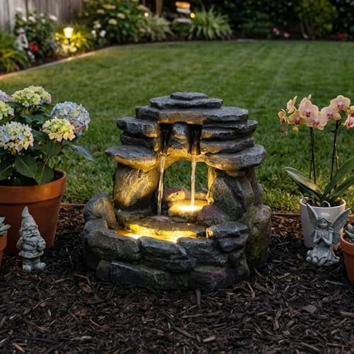Bumilgar 15.6" H Small Garden Outdoor Rock Water Fountain with LED Lights - Image 3