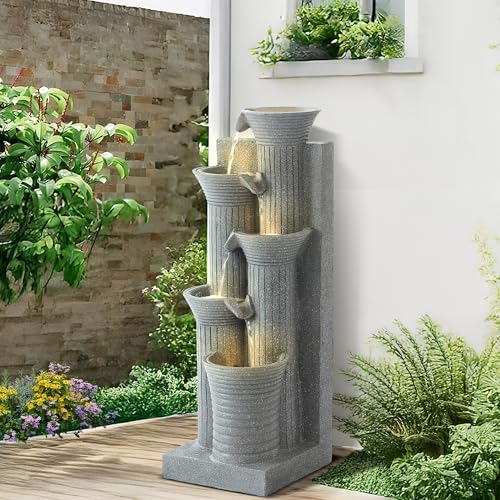 24" H Water Fountain Outdoor, 5-Tiers Cascading Resin Garden Fountains, Indoor Waterfalls Fountain with LED Lights, Bamboo-Shaped Bird Bath Fountains for Patio, Balcony, Yard (Light Gray) by GIODIR