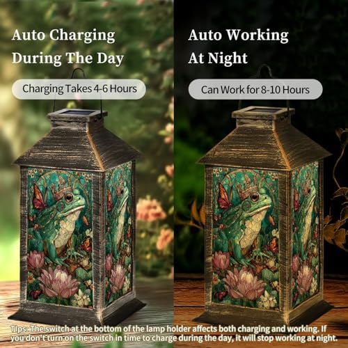 Solar Lantern Stained Glass Frog King Lotus Throne Jewel Crown Outdoor Garden Hanging Lantern Waterproof Solar Powered Lighting Outside Table Lamp for Deck Yard Camping Patio Gifts for Mom - Image 4