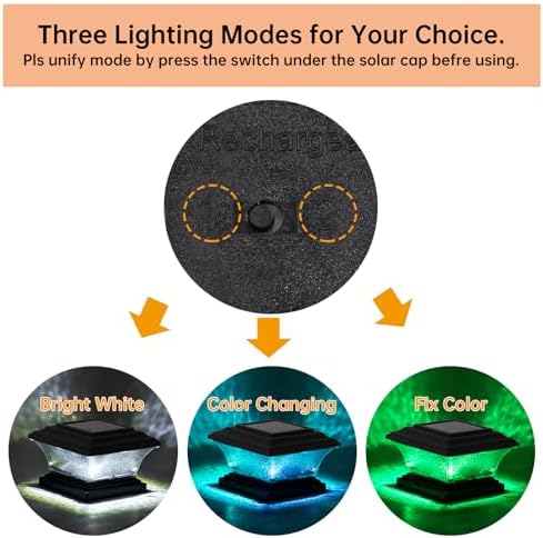 HUYIENO Solar Post Cap Lights Outdoor LED Lighting Deck Fence Light Two Modes Warm White/7 RGB Color Changing Suitable for 4x4 5x5 Wooden Posts (Black, 8pk), HY1238 - Image 3