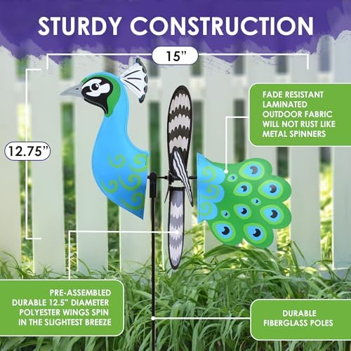 Premier Kites Petite Spinner Peacock – Whimsical Wind Spinner for Yard & Garden, Durable Weather-Resistant Fabric, Easy to Assemble, Outdoor Decor for Patios, Lawns, Yards, & More - Image 3