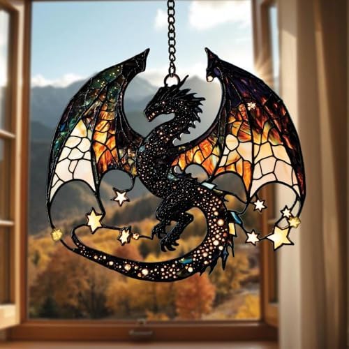 Celestial Dragon Acrylic Suncatcher 10 Inches, Halloween Decoration Indoor Outdoor, Bedroom Porch Decor, Stained Glass Effect Window Hanging, Gothic Fantasy Ornament, Dragon Gift for Her by XISZYS