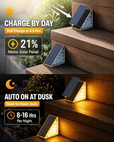 Solar Step Lights Outdoor Waterproof, 6 Pack Solar Stair Lights Outdoor IP67 Dusk to Dawn, Warm 3000K Outdoor Step Lights, Solar Lights for Steps and Stairs, Deck Steps, Patio Stairs, Porch Steps - Image 2