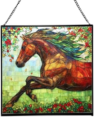 Brown Dutch Warmblood Horse Galloping Along Wild Hedgerow Square Suncatcher – Stained Glass Style Window Panel with Pastoral Scene, Custom Decorative Hanging Art for Equestrian Home, Christmas S5G14f by Custom