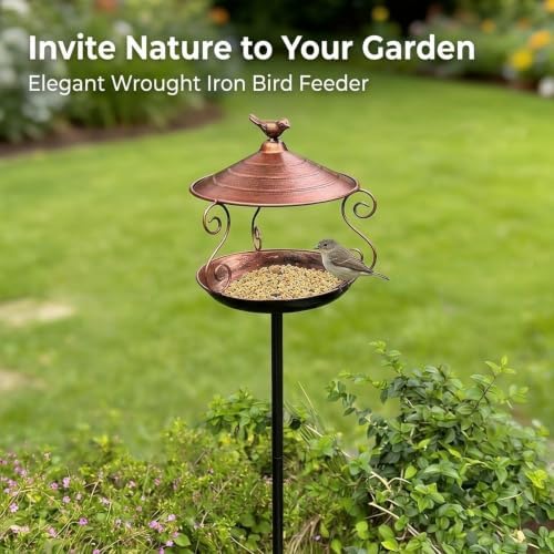 Bird Feeder Iron Standing Bird Bath Feeding Station Decorative Stake Birdbath Bowl Easy Installation Weatherproof Suitable for Outdoor Garden Lawn Cou, Copper Color - Image 6