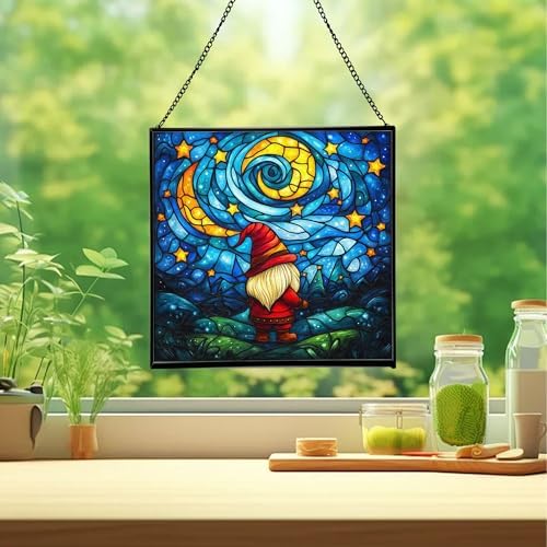 Starry Night Gnome Stained Glass Suncatcher – Square Hanging Window Panel for Home or Greenhouse – Whimsical Glass Art Gift for Garden Lovers, Christmas, Halloween, Father Days a2v77s - Image 2