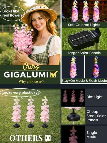 GIGALUMI 3 Pack Solar Delphinium Flowers Outdoor, 2 Modes, Pink - Image 2
