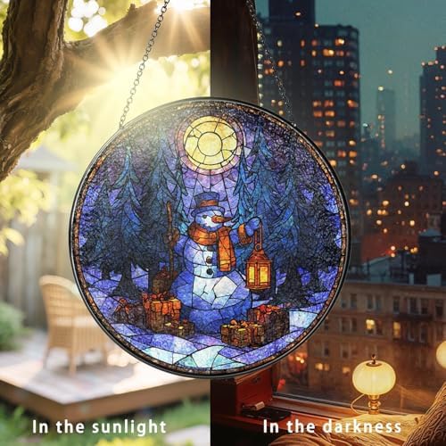 Stained Glass Window Hanging Snowman Lantern and Christmas Forest Sun Catchers Holiday Winter Scene Suncatchers for Living Room Garden Outdoor Indoor and Home Decor (9.8x9.8 in) - Image 4