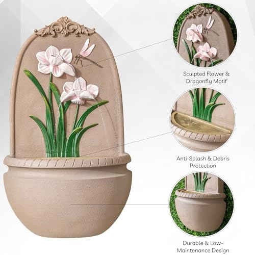 XBrand 31" in H Outdoor Wall Water Fountain with Pump- Pink Flower with Dragonfly Design with Mesh Guard - Image 6