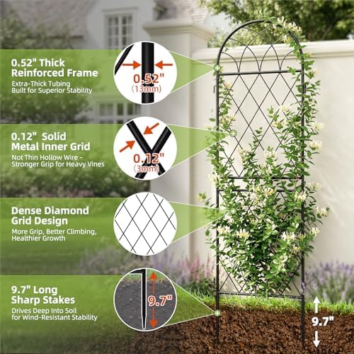 2 Pack 70.8" X 19.7" Metal Garden Trellis for Climbing Plants Outdoor - Rustproof Heavy Duty Arched Trellis - Decorative Rose Plant Support Trellis for Roses,Vines,Vegetables,Flowers,Black - Image 4