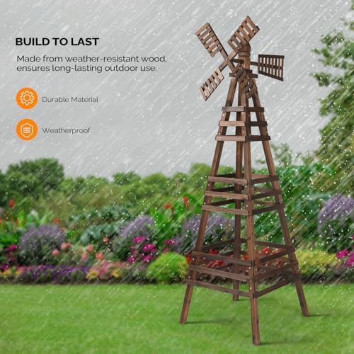 Wooden Windmill, Weather-Proof Wind Spinner, Outdoor Wind Mill for Garden Lawn Patio Decoration (Carbonized, Large) - Image 3