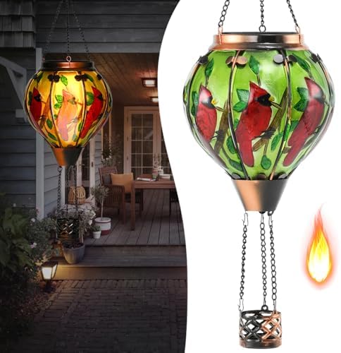 Hot Air Balloon Solar Lantern - Cardinal Bird Glass Lantern, Simulated Flickering & Dancing Flame, Outdoor Hanging Yard Light Waterproof IP65 for Patio Lawn Porch Decor Gift by Unknown