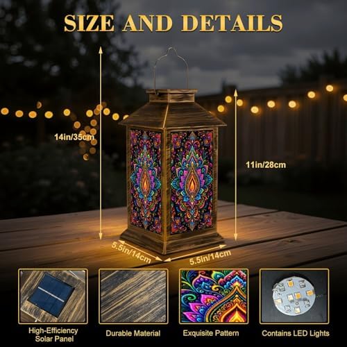 Solar Lantern Outdoor Waterproof Sea Turtle Aztec Mandala Ornament Traditional Floral Vintage Painting Garden Decor LED Hanging Solar Lights Tabletop Lamp Gifts for Women Mom Outside Yard Patio Porch - Image 2