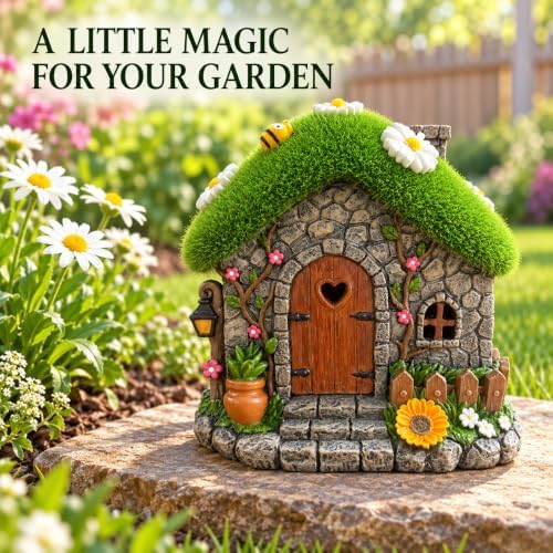 Daisy Fairy Garden House with Honey Bee, Solar Lighted Resin Yard Statue - Image 3