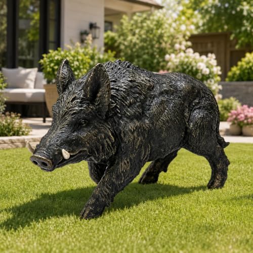 Wild Boar Garden Statue, 21.26" Weatherproof Resin Black Outdoor Decor by Guioiby