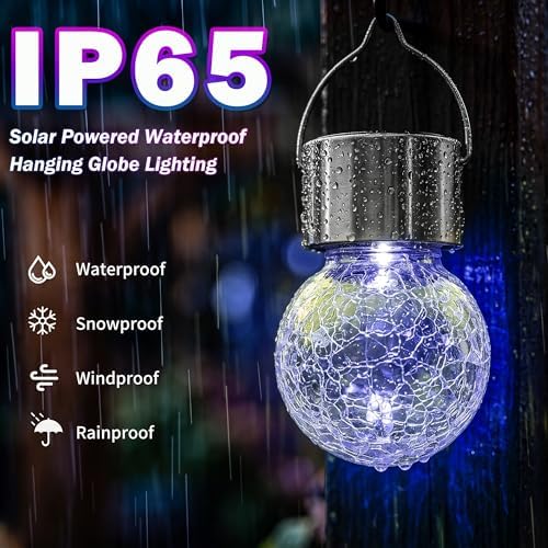 Outdoor Hanging Solar Lights, 12 Pack Multi-Color Changing Cracked Glass Hanging Ball Lights with Handle, Waterproof Solar Bulb Outdoor Garden for Balcony Tree Patio Yard Path Party Decoration - Image 4