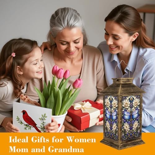 Solar Lantern Outdoor Waterproof Stained Glass Dragonfly Floral Design Soft Pastel Hues Garden Decor LED Hanging Solar Lights Tabletop Lamp Gifts for Women Mom Outside Yard Patio Porch - Image 4