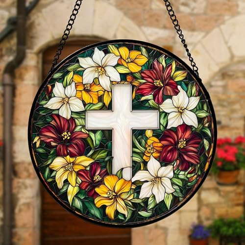 Christian Cross Flowers Stained Glass Window Hanging Suncatcher Gifts 9.8" - Image 4