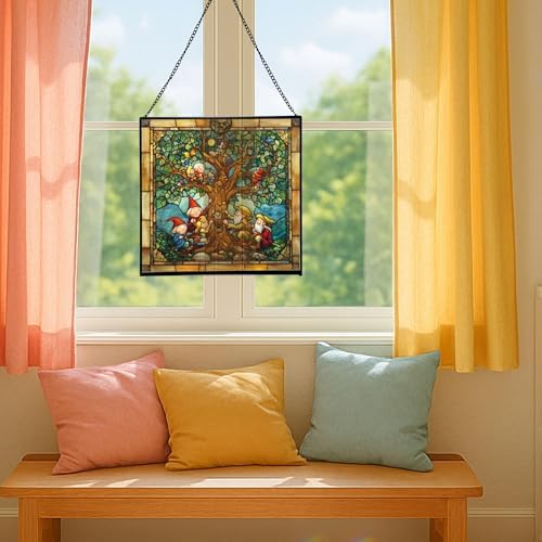Gnome with Family Tree Stained Glass Suncatcher – Square Hanging Window Panel for Home, Garden, Nursery, Halloween, Christmas, Memorial Day – Whimsical Glass Art Gift for Gnome Lovers 1cp3fp - Image 5