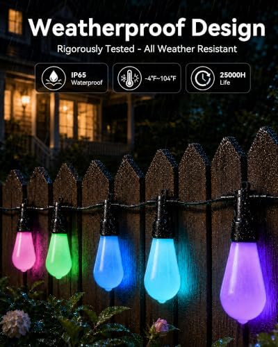 Smart Outdoor String Lights, 100FT RGBW Color Changing Patio Lights with Remote and APP, Dimmable IP65 Waterproof Shatterproof LED Lights for Backyard Garden Party Decor - Image 2