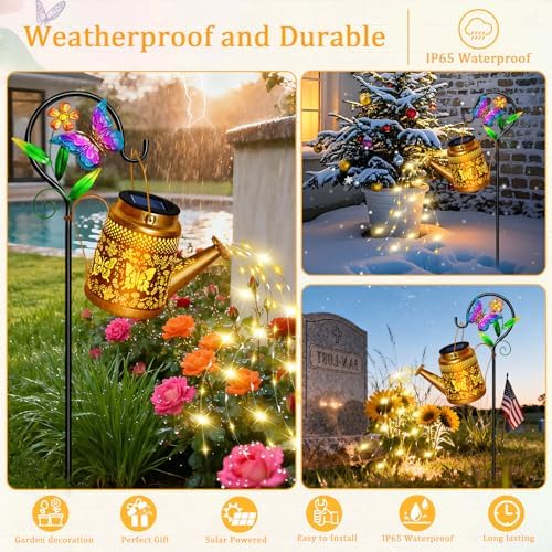 Solar Watering Can Lights Outdoor Garden Decor, Large Butterfly Hanging Lantern with Shepherd Hook, Waterproof Garden Lights for Outdoor Landscape Pathway Yard, Mom Grandma Gifts 1pcs - Image 3
