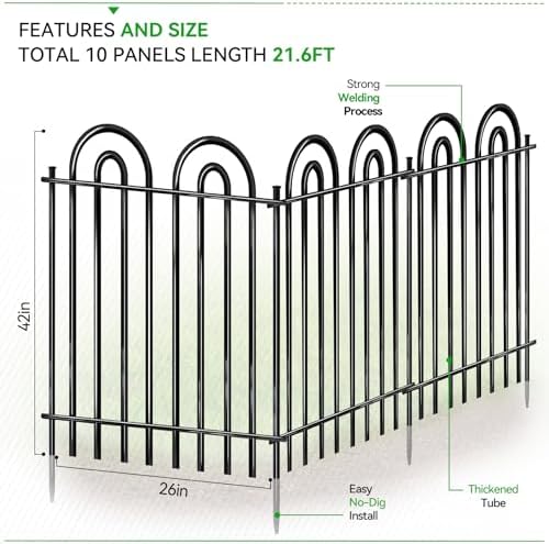 10 Panels Garden Fence, 42in(H)×21.6ft(L) Tall No Dig Fence Animal Barrier, Heavy Duty Metal Tube Decorative Garden Edging Border, Ground Defense Temporary Fencing for Outdoor Yard, Black - Image 2