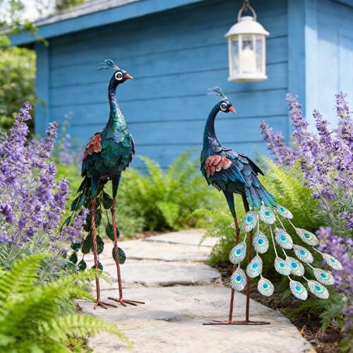 chisheen Garden Decor Outdoor Statues, Metal Peacock Decor for Outside, Garden Art Sculptures Standing for Patio Yard Lawn Home Decorations, Set of 2 - Image 6