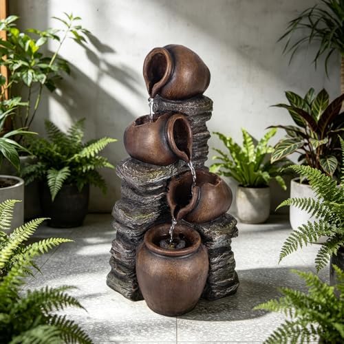 24.8" H Outdoor Water Fountain with Lights, 4-Tier Clay Pot Garden Fountain by Solarbloom