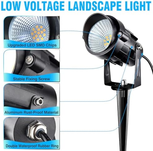Low Voltage Landscape Lighting with Connectors AC/DC 12-24V IP67 Waterproof 3000K Warm White Outdoor Spotlights for Yard Pathway Garden Trees (6PCS, 7W) - Image 3