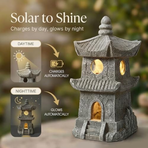 Resin Pagoda Japanese Stone Lantern Solar Outdoor Figurine Lights, Zen Garden Decor for Yard, Patio, Pathway, Landscape Lighting - Image 2