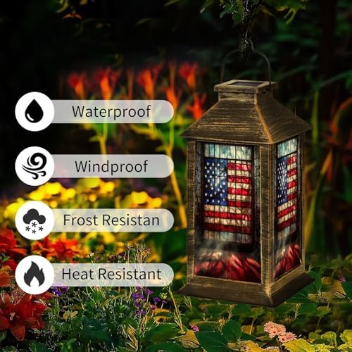 Solar Lantern Vintage Stained Glass American Flag Wrought Outdoor Waterproof Garden Hanging Lantern Solar Powered Lighting Outside Table Lamp for Patio Deck Camping 1 Pack - Image 2