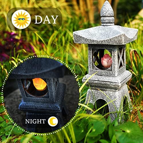 12.2''H Zen Pagoda Garden Statue with Solar Lotus Lights,Large Pagoda Asian Lantern Outdoor Decorations Japanese Temple Pagoda Lamp Patio Lawn Yard Porch Pool Pond Decor,Christmas Ornament Gift - Image 3