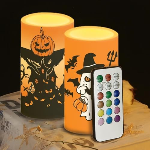 Halloween Day Battery Operated Candles with Remote and Timers Flameless Candles for Trick or Treat Day Party Home Decoration Flickering Elictric Pillar Lights, Black Pumpkin Trick Ghost - Image 5
